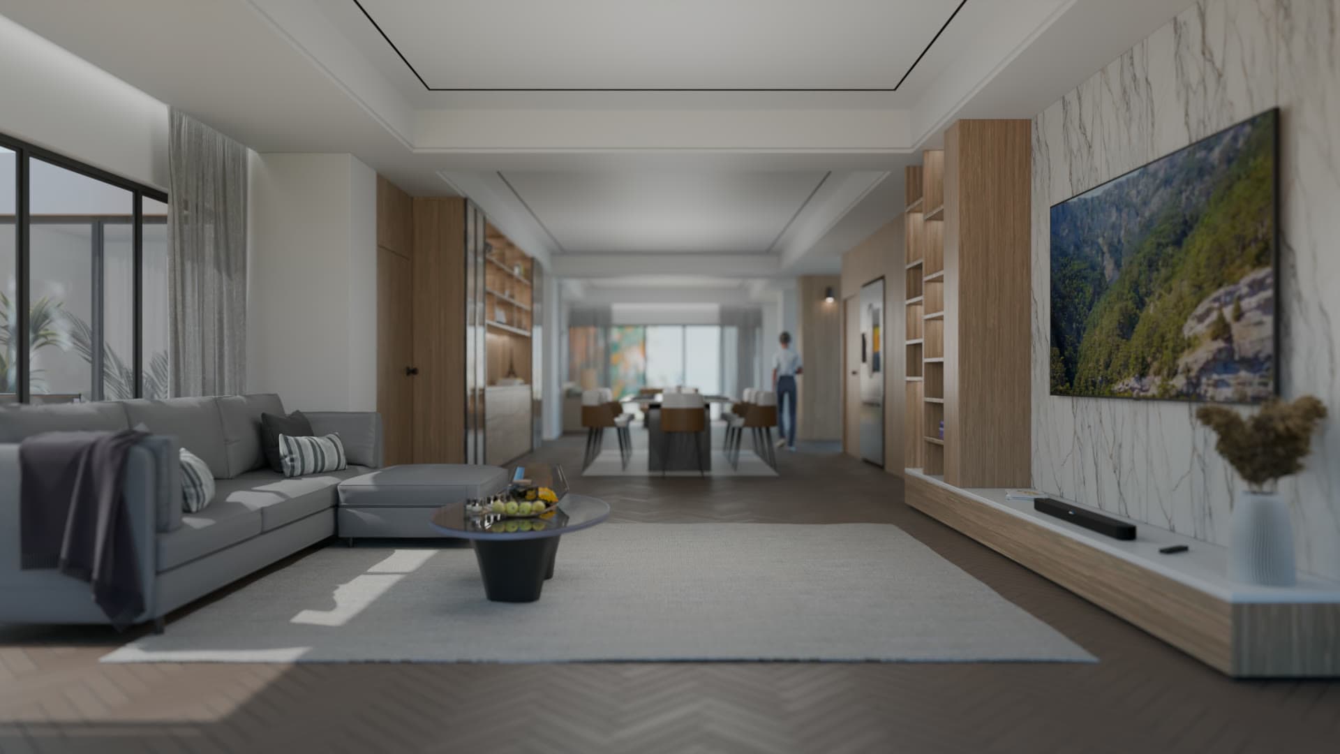 Rendered lounge and dining space inside Courtyard Elwood