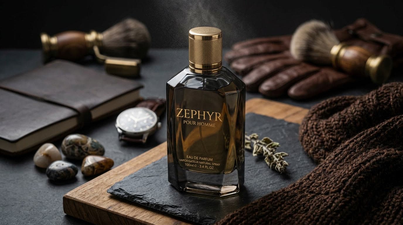 The Zephyr fragrance bottle on a slate tray beside a grooming kit