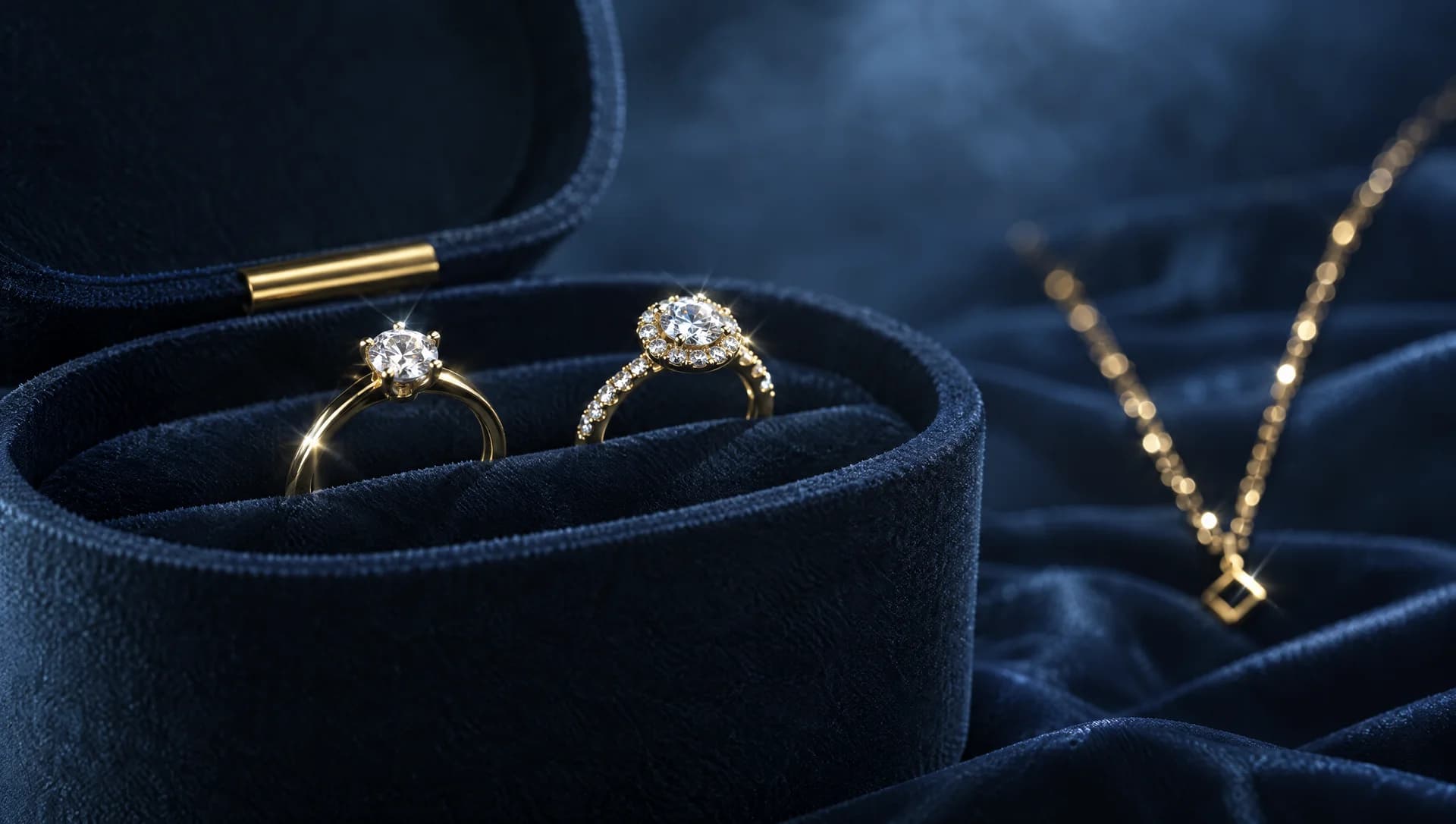 Two gold rings with diamonds in an open velvet case, a gold chain behind