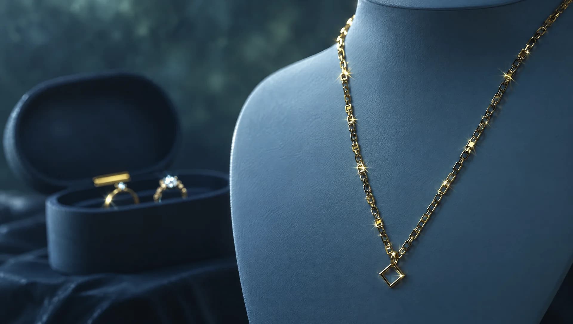A gold chain necklace on a display bust