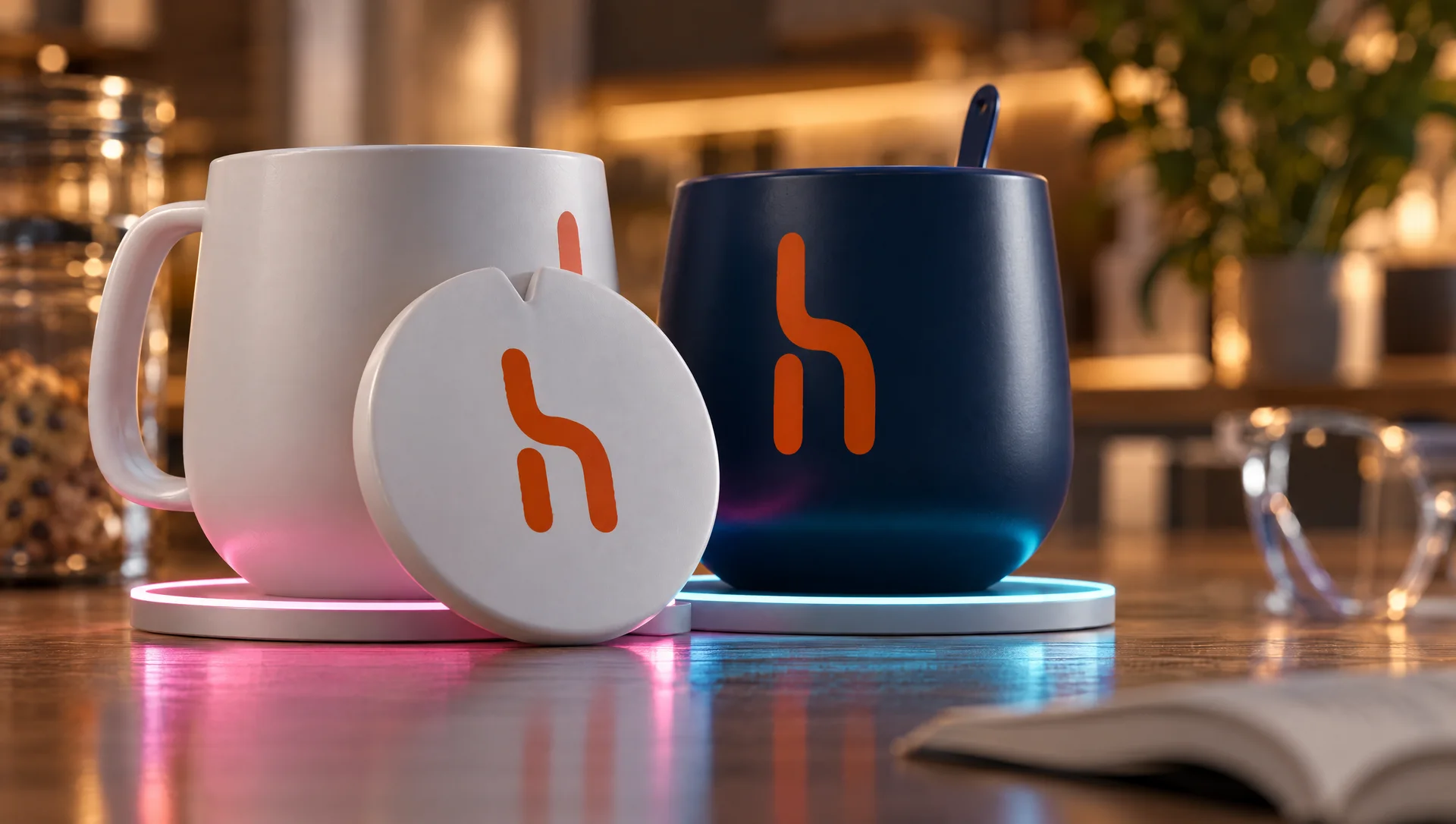 Hilio mugs on glowing coasters at table level