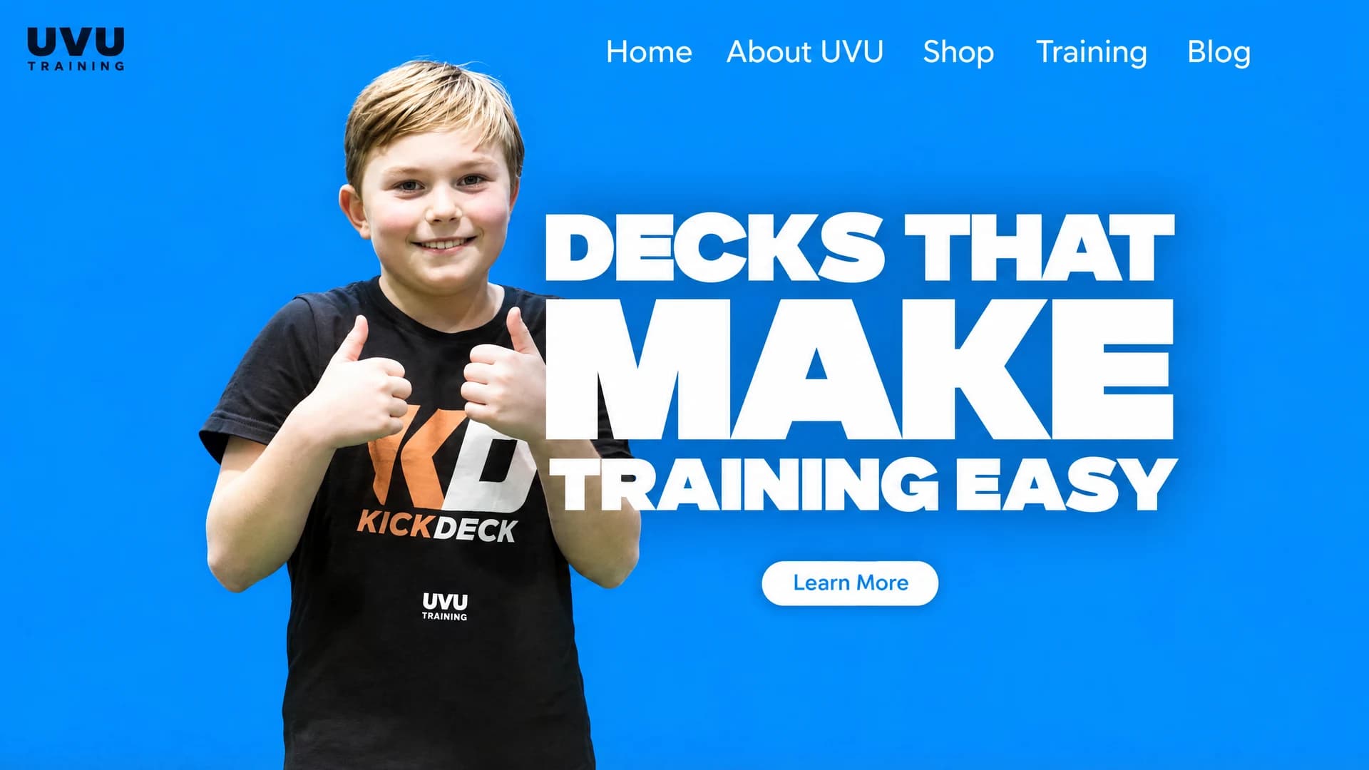 The KickDeck home page: a smiling player giving two thumbs up beside the headline Decks that make training easy